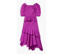 Marie open-back asymmetric ruffled tiered cotton-poplin midi dress - Purple