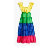 Tiered color-block linen and silk-blend midi dress - Multicolor