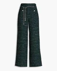 Maje Belted metallic bouclé-tweed wide-leg pants - Green Green