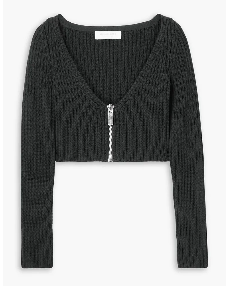 Michael Kors Cropped ribbed wool-blend zip-up cardigan - Black Black