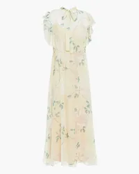 RED Valentino Pussy-bow floral-print Swiss-dot silk-chiffon midi dress - Yellow Yellow