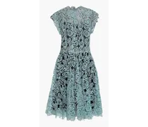 Gathered metallic guipure lace midi dress - Blue