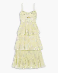 Self-Portrait Tiered plissé-chiffon jacquard midi dress - Yellow Yellow