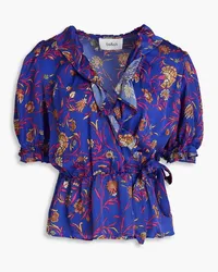 ba&sh Gathered printed satin wrap top - Blue Blue