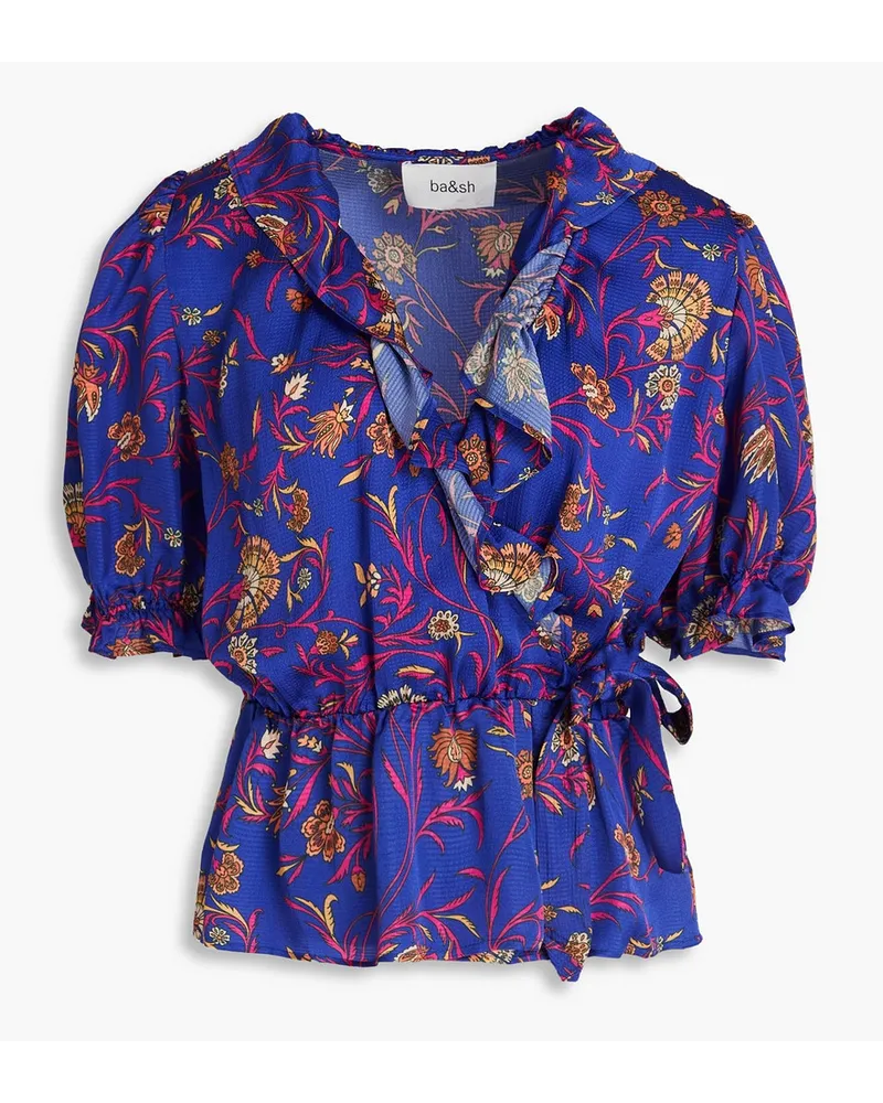 ba&sh Gathered printed satin wrap top - Blue Blue