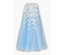 Cape-effect appliquéd tulle gown - Blue