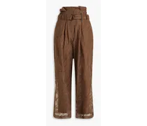 Belted embellished organza wide-leg pants - Brown