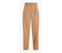 Pleated cotton-blend tapered pants - Brown