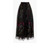 Pleated floral-print silk-organza maxi skirt - Black