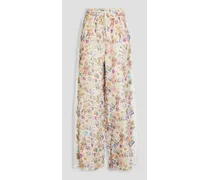 Guipure lace-trimmed printed linen wide-leg pants - White