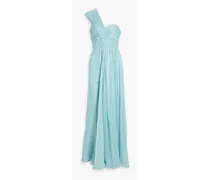 One-shoulder plissé-georgette gown - Blue