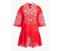Gathered embroidered cotton-poplin mini dress - Red