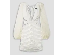 Cutout fringed crochet-knit and satin-jersey mini dress - White