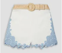 Raie belted appliquéd lace-trimmed linen shorts - White