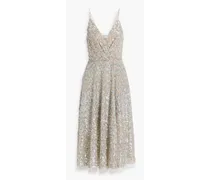 Wrap-effect sequined tulle midi dress - Neutral