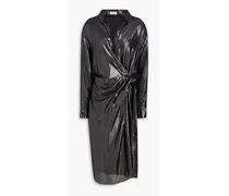 Bead-embellished metallic crepe midi wrap dress - Black