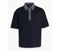 Crochet knit-trimmed cotton-jersey polo shirt - Blue