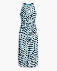 Badgley Mischka Draped printed crepe de chine midi dress - Blue Blue