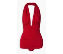 Ruched jersey halterneck swimsuit - Red