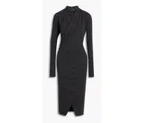 Wrap-effect bead-embellished wool-blend jersey dress - Gray
