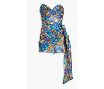 Strapless bow-detailed printed linen and silk-blend playsuit - Blue