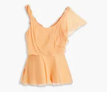 Draped ruffled silk-georgette top - Orange