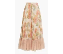 Point d'esprit-paneled pleated printed crepe midi skirt - Pink