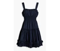 Shirred cotton-blend poplin mini dress - Blue