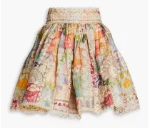 Gathered printed linen and silk-blend gauze mini skirt - Orange