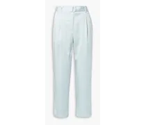 Belted pleated crinkled-satin straight-leg pants - Blue