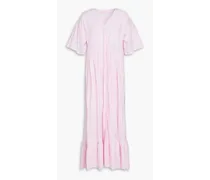 Pleated striped cotton-poplin midi dress - Pink