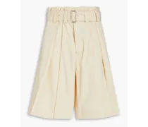 Belted pleated cotton-blend twill shorts - Neutral