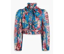 Cropped pussy-bow floral-print ramie blouse - Blue