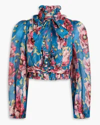 Zimmermann Cropped pussy-bow floral-print ramie blouse - Blue Blue