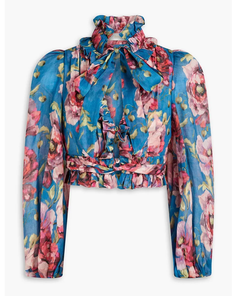 Zimmermann Cropped pussy-bow floral-print ramie blouse - Blue Blue