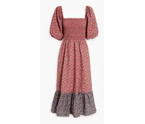 Eloise shirred floral-print cotton midi dress - Red