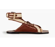 Fringed faux raffia and leather sandals - Brown