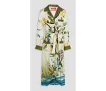 Belted floral-print silk charmeuse midi shirt dress - White