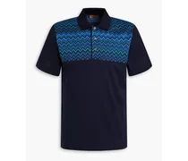 Crochet knit-paneled cotton polo shirt - Blue