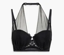 Tulle-paneled embroidered satin and lace balconette bra - Black