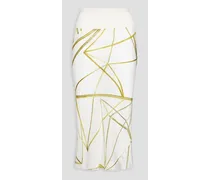 Ribbed knit-paneled printed cupro-satin midi skirt - White