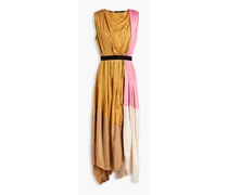Pleated color-block silk midi dress - Yellow