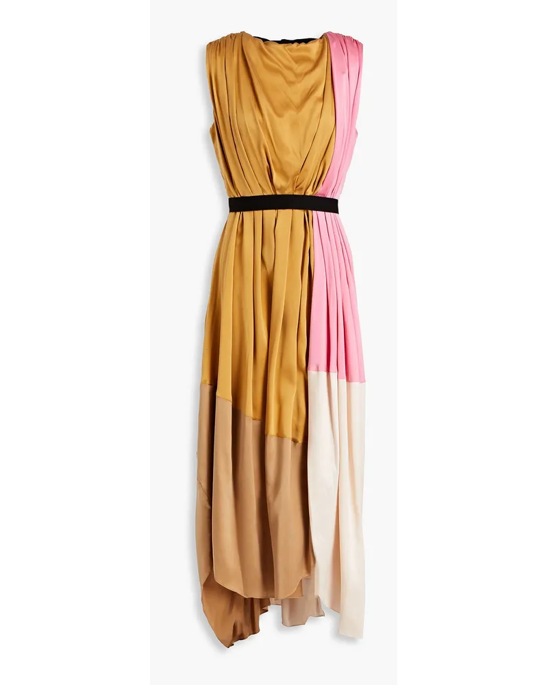 Canvas-trimmed pleated color-block silk midi dress - Yellow