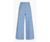 Pleated cotton-blend twill wide-leg pants - Blue