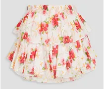 Tiered floral-print cotton mini skirt - White