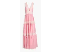 Lace-trimmed ruffled silk-blend georgette gown - Pink