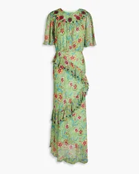 Saloni Vida ruffled embroidered printed silk-chiffon midi dress - Green Green