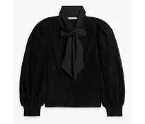 Alice Olivia - Brentley satin-paneled pussy-bow corded lace blouse - Black