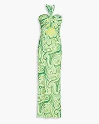 Ronny Kobo Lopte cutout printed crepe halterneck maxi dress - Green Green