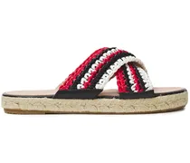 Leather-trimmed woven raffia slides - Red